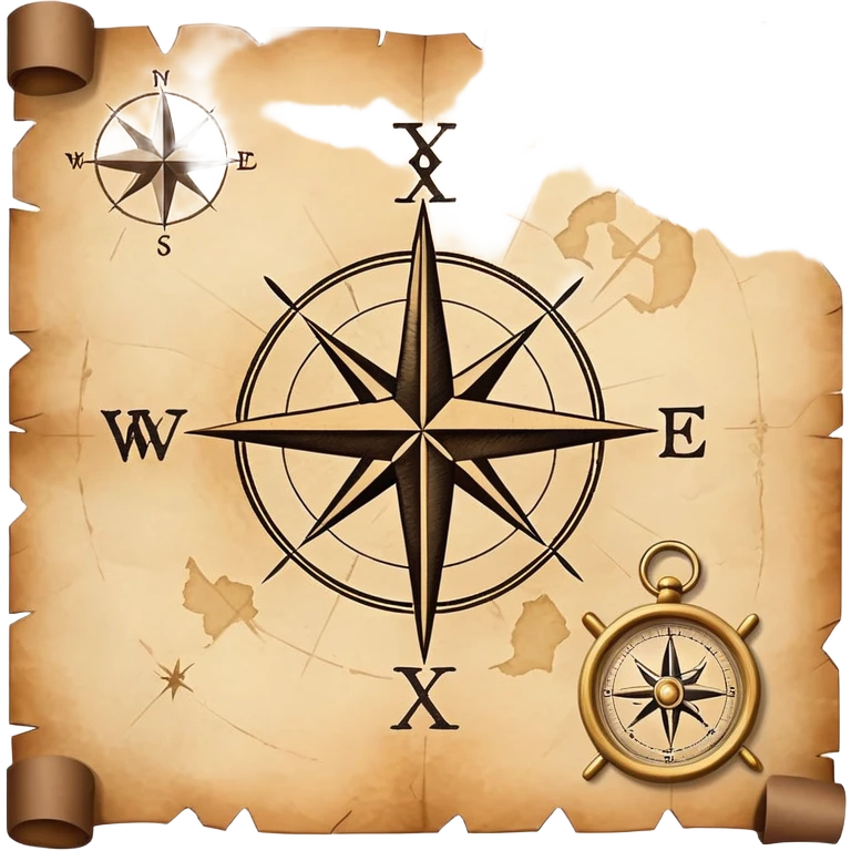 A simple treasure map with an X marking the spot, weathered edges, compass rose in the corner emoji