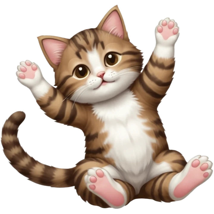 dark brown tabby and white kitten with his eyes closed whilst in funny positions stretched out and  upside down emoji