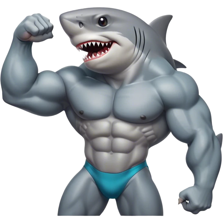 Create an emoji in the style of Apple iPhone emojis representing a bodybuilder shark. The shark must be in front, with muscular arms flexed to highlight its biceps. He must have a confident expression with a slight smile. Use bright, saturated colors, such as shades of gray or blue for the shark, with sharp contours and subtle shadows to give an impression of depth. The design must be simplified, expressive and without background. emoji