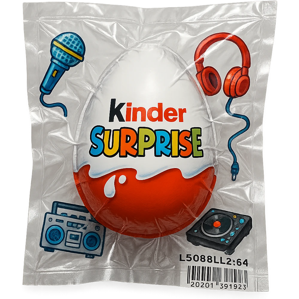 Kinder Surprise egg with standard packaging, toys including microphone, boombox, headphones, DJ setup, glossy and puffy vacuum-sealed style emoji