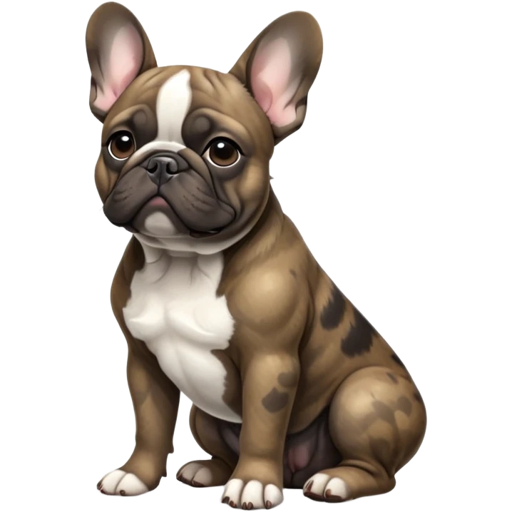 cinematic-[french bulldog]-realistic-full-body-sitting-emoji,-tail-resting-loosely-beside-its-paws,-head-tilted-dramatically,-sleek-[solid brindle]-fur,-simplified-yet-realistic-focused-features,-highly-detailed,-glowing-with-an-almost-sarcastic-glow emoji