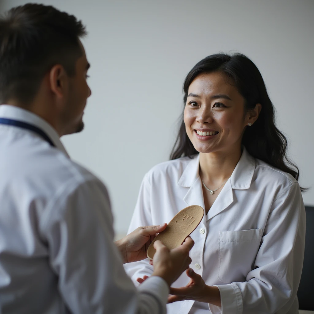 realistic 4K woman consulting orthopedist, first showing orthotic insole with hopeful expression, then explaining temporary benefit with uncertain expression emoji