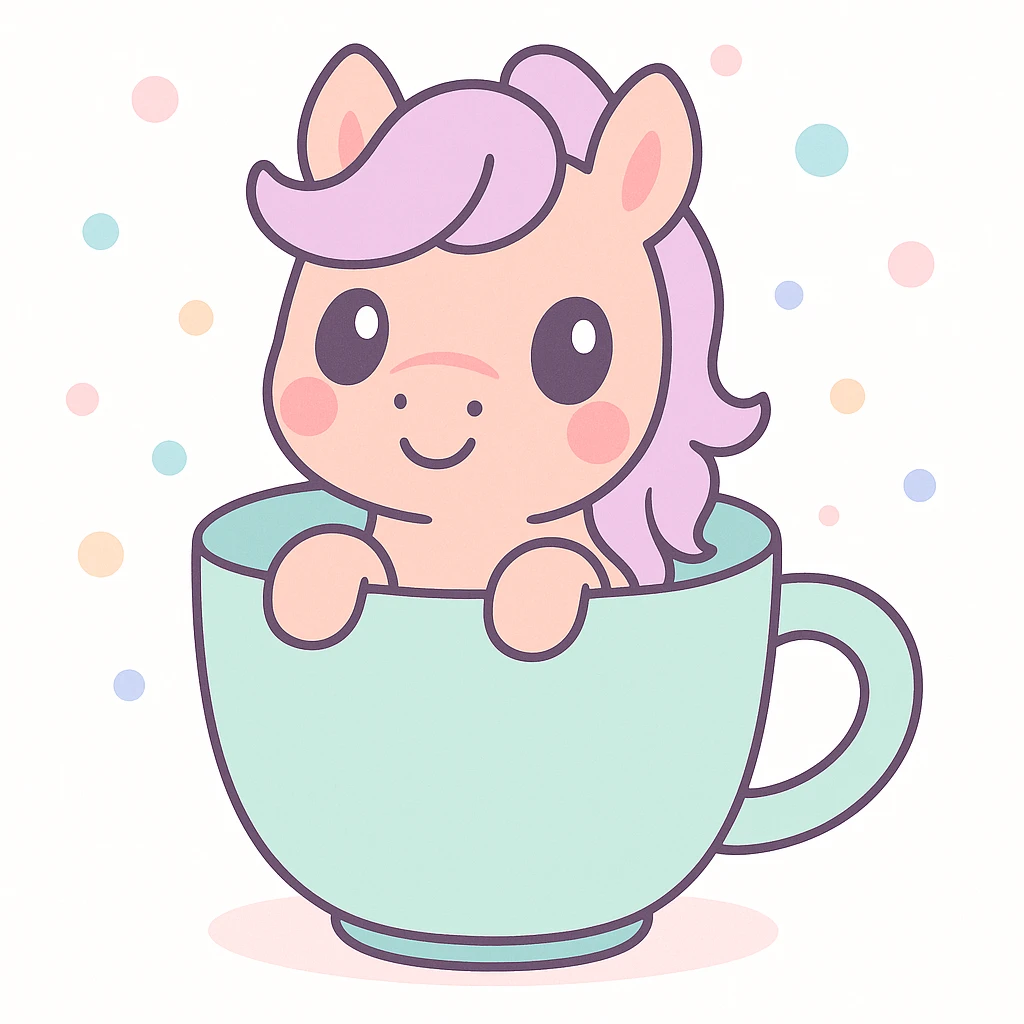 a playful cartoon pony peeking out of a coffee cup emoji