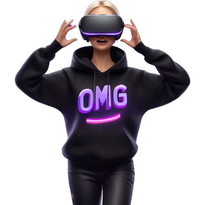 Russian girl wearing black hoody with violet letters "OMG", in vr headset oculus quest2. Dancing. Cyberpunk style. Violet neon. emoji