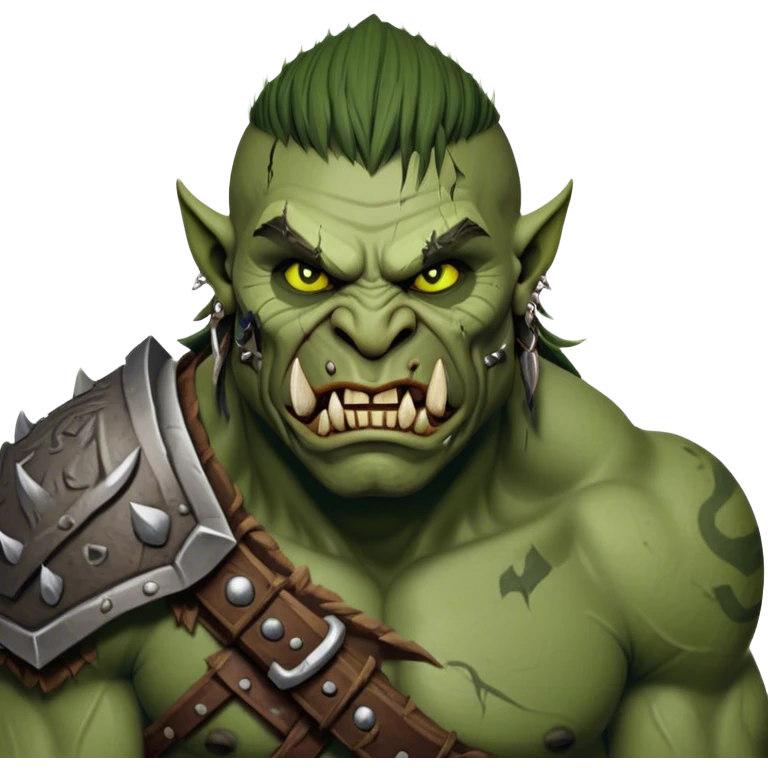 Cinematic Realistic WoW Orc Warrior Portrait, head tilted dramatically with an exaggeratedly amused expression, blending raw, primal might with a touch of unexpected humor. His battle-scarred green skin, robust muscles, and intricately detailed tribal armor in deep, earthy tones are rendered with lifelike texture and dynamic lighting, high shine, dramatic yet whimsical, capturing an orc warrior whose epic strength is matched by a playful, irreverent charm. emoji