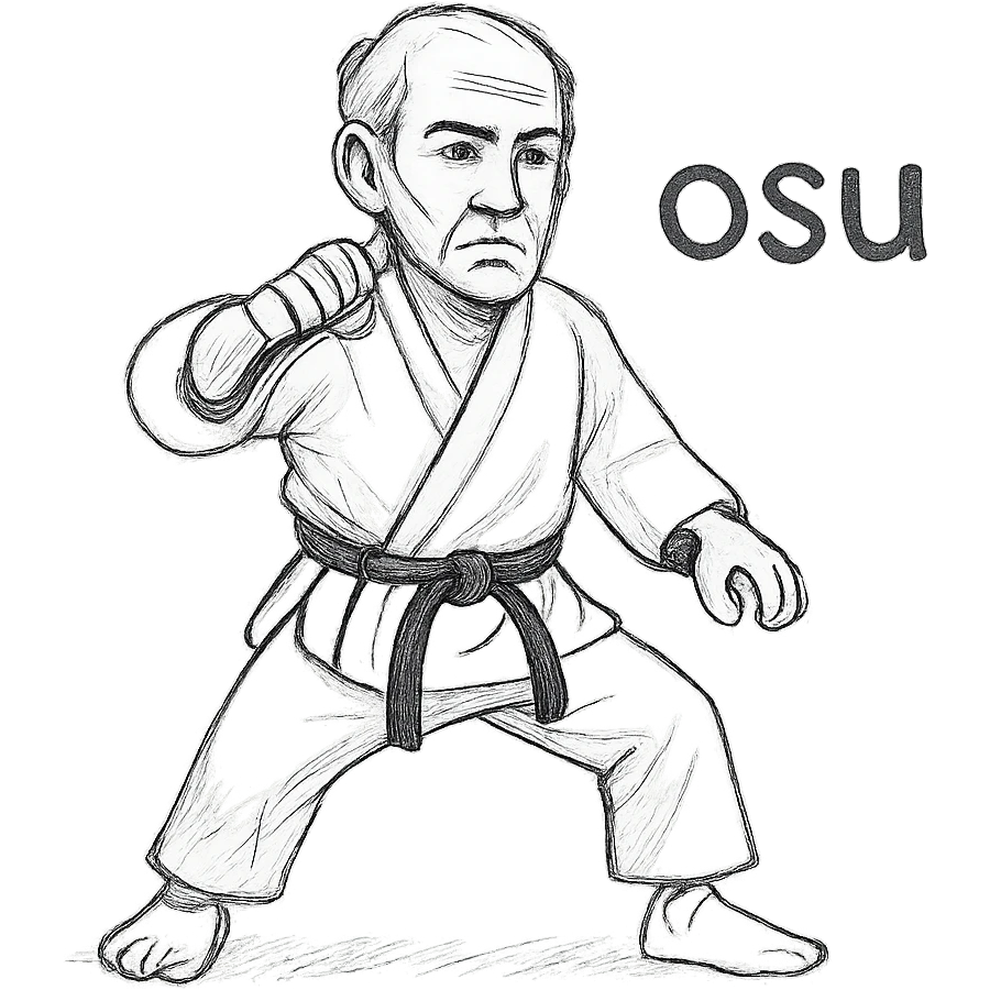 Make the Kyokushin martial artist older with visible age and mature features, change to the 'osu' position, keep the white gi, black belt, and 'osu' text in the same hand-drawn style. emoji