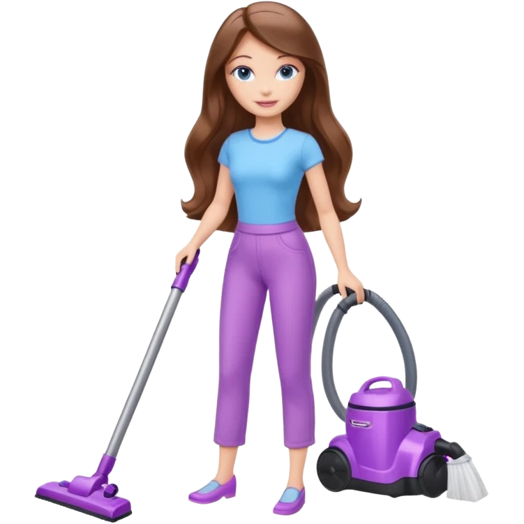 beautiful barbie girl with long brown hair, blue eyes and wearing light purple clothes, cleaning and vacuuming emoji