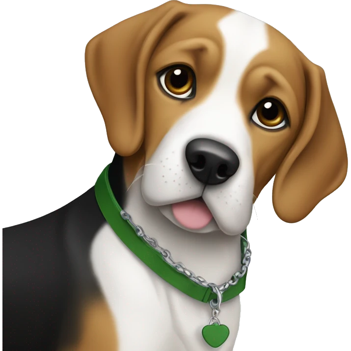 Chien beagle croisé avec un labrador noir avec une tache sur la poitrine et un collier vert  emoji
