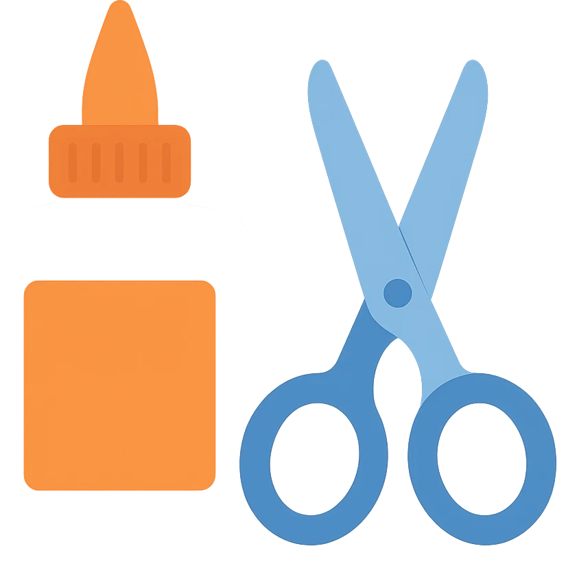 bottle of glue with orange label and tip and a pair of blue scissors, flat toon vector illustration emoji