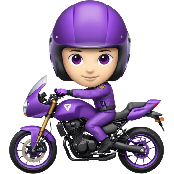 Créer un emoji avec une moto mt07 sport noir mate / violet iridescent très foncé. Avec une pilote dessus visière violet sombre faceless, bulle de la moto violet. Avec fond arrière violet, tenue complète casque inclus violet  emoji