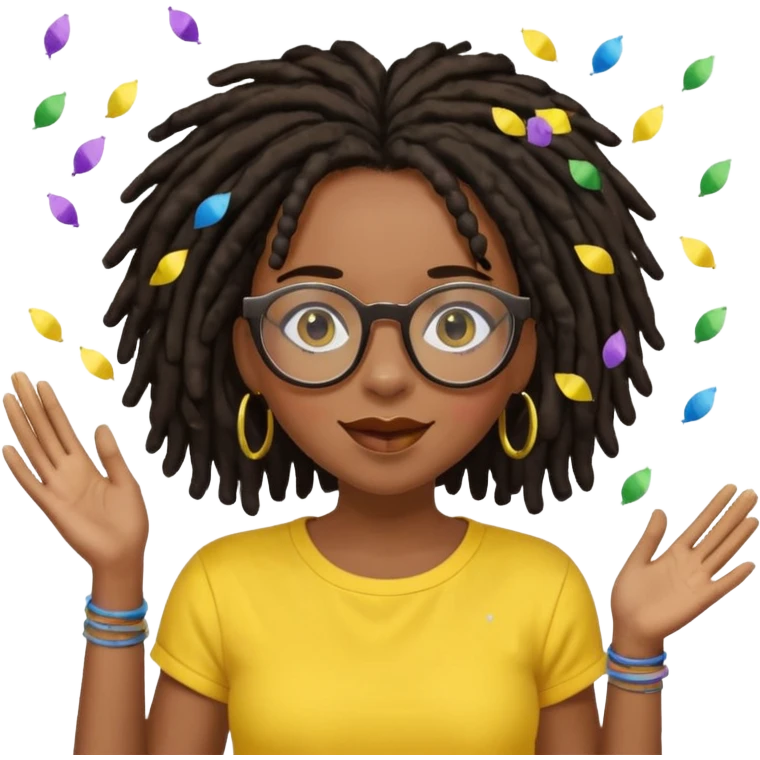 Black female with dark dreadlock hair wearing large round glasses and a yellow top celebrating with confetti emoji