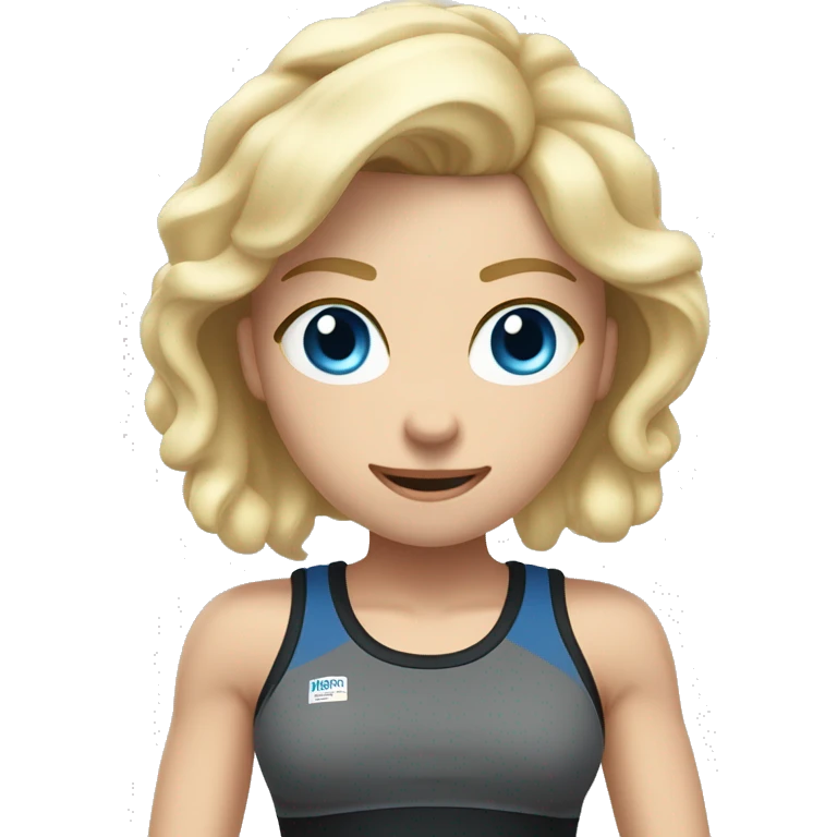 Close up Actively gesturing  with hands Pale skinned Fit woman With the biceps and blonde hair in dark gray Sleeveless Mike, black sports shorts, watch and white Sneakers and Blue Eyes  emoji