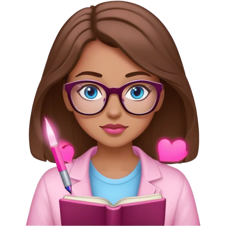 brown-haired, blue-eyed female writer writing a romance novel pink light emoji