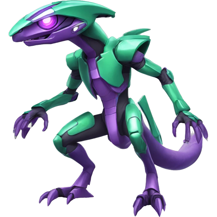 a shiny purple-green Genesect-Raptor-Fakémon—hybrid with a futuristic visor-helmet full body emoji