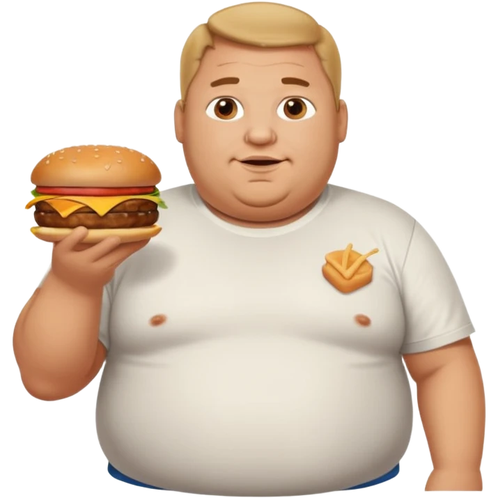A very fat guy in an Alex Zero T-shirt, holding burgers, gives a like. emoji