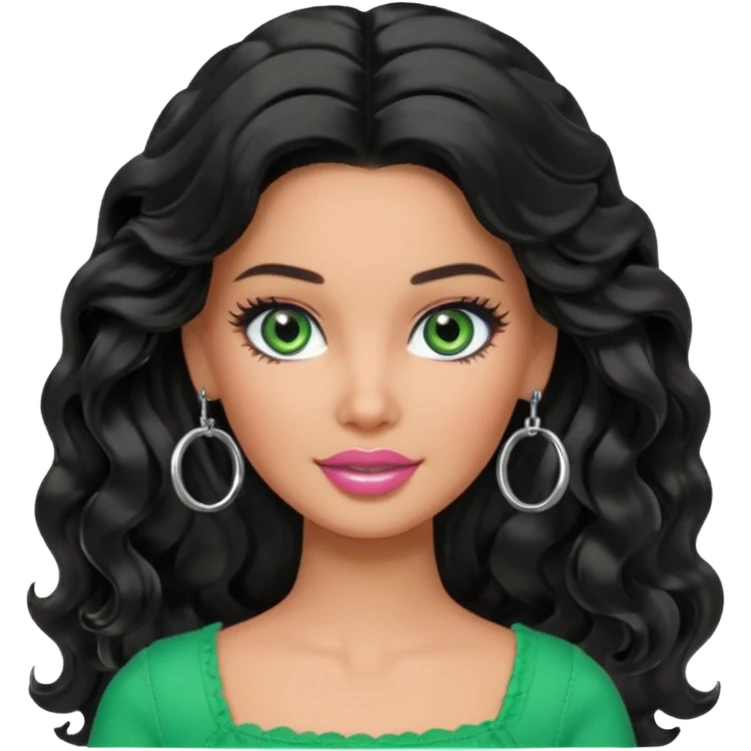 Barbie with olive skin, long black wavy hair and green eyes and silver hoop earrings emoji