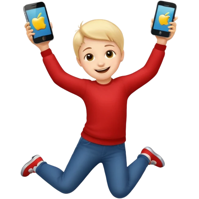 happy child dancing with a phone, jumping in the air, apple style emoji emoji