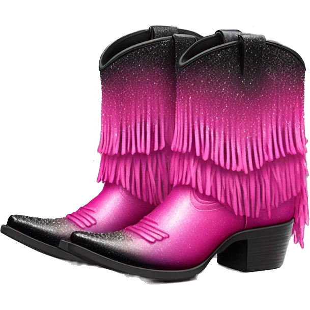 Realistic hot pink to black ombre pair of fashion cowgirl boots with sparkly shiny glitter fringe on them. emoji