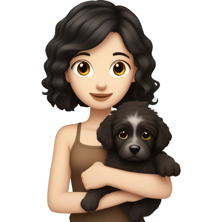 pale white girl with black hair holding brown fluffy puppy emoji
