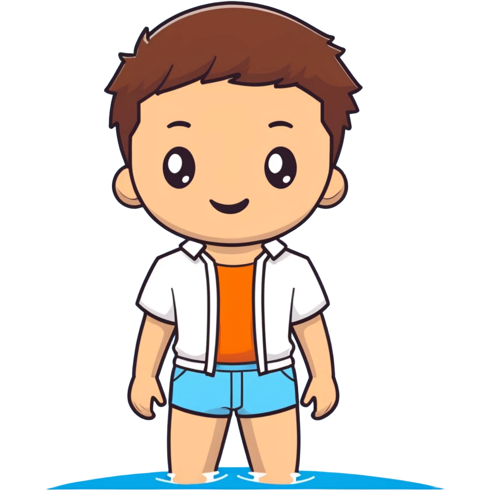 boy with brown hair, white shirt, blue swim shorts emoji