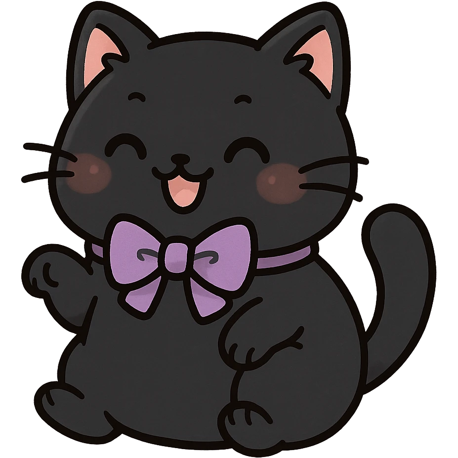 cute chubby cat with a purple bow, black fur, playful expression, kawaii style emoji