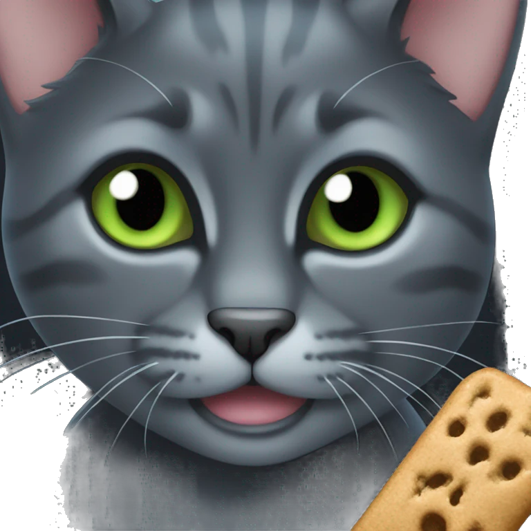 Dark grey cat with blue, green eyes, with a cat treat  emoji