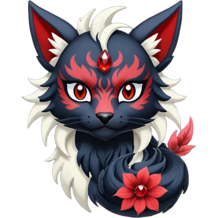Asian-painted tattooed oriental Floral gothic emo cool and ruby-jewelry-adorned Absol-Litten-Amaura-fusion-Fakemon-animal-creature  emoji