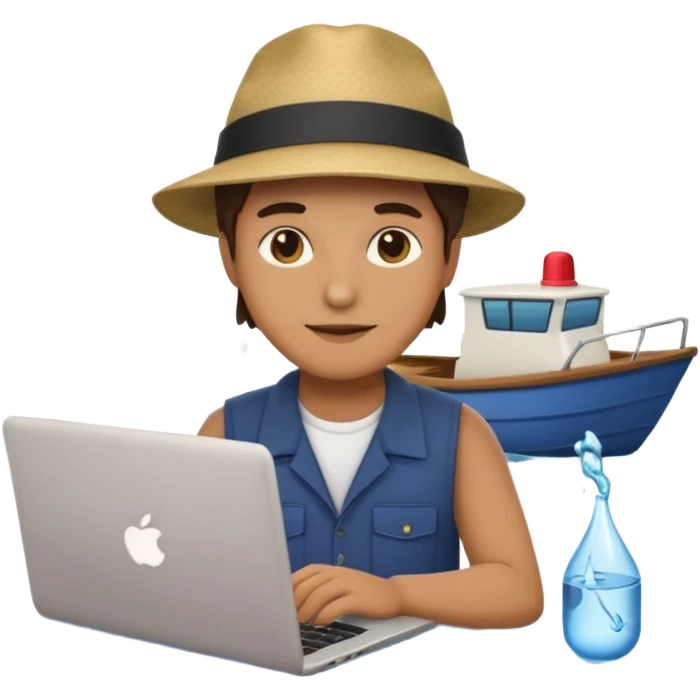 programmer sitting on a dock working on a laptop with water and boats in the background, emoji style emoji