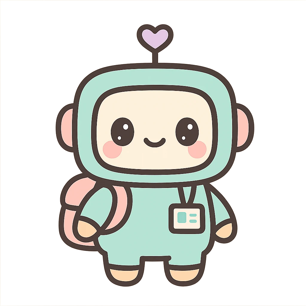 cute robot with a backpack and ID badge, ready for work, Gen AI intern, kawaii style emoji