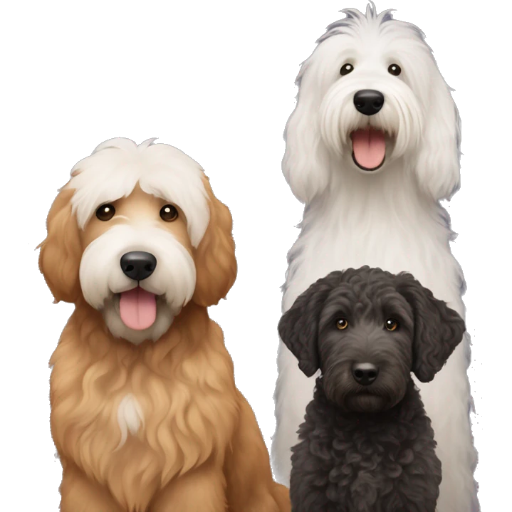 Two black golden doodles, a brown golden doodle, and a old English sheepdog together emoji