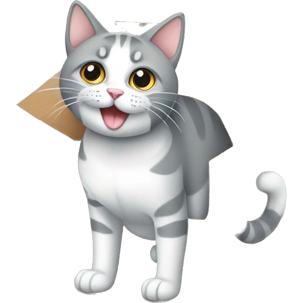 Gato gordo gris y blanco dentro caja de carton emoji