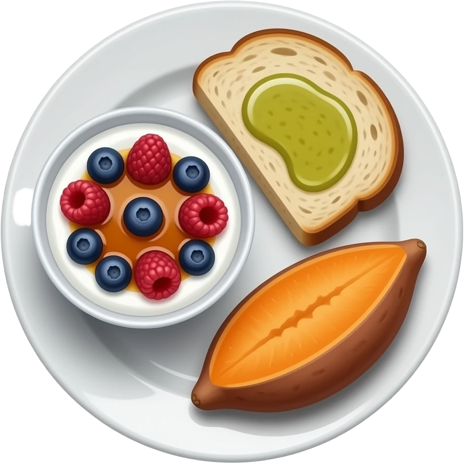 Realistic Plate with greek yogurt bowl topped with blueberries raspberries and maple syrup and sourdough slice topped with a lot of olive oil and a sweet potato on the side HD emoji