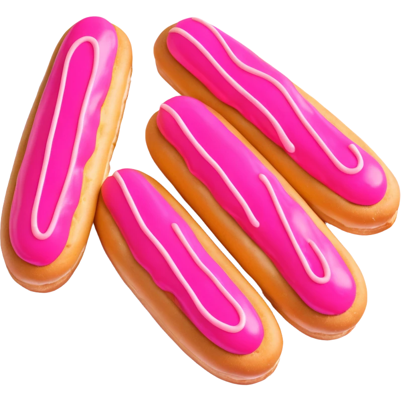 3D iOS-style illustration of three eclairs with pink glaze and cream on a plate, vibrant neon colors, no background. emoji