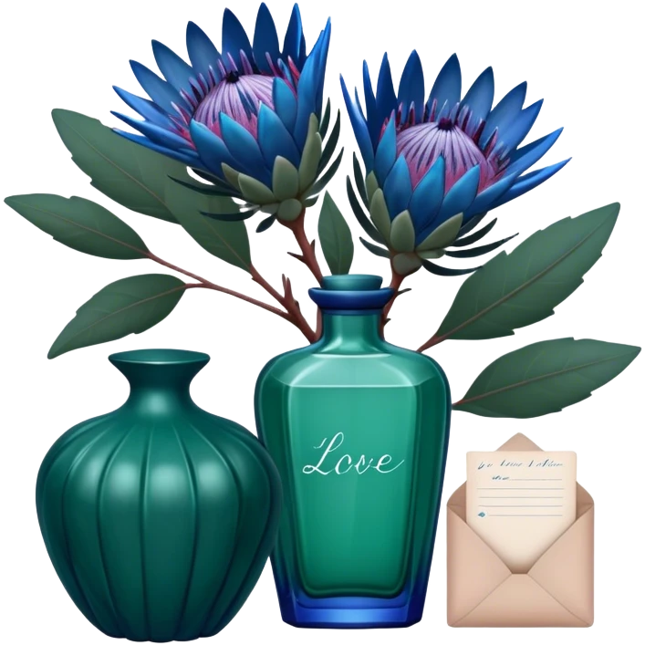 Dark green captivating perfume bottle with blue proteas and a handwritten love letter emoji