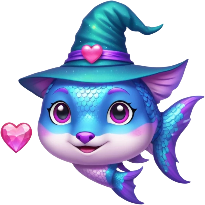 Make the rainbow fish glow with a magical aura and change the blue fox to a neon teal color, keep the purple sparkly witch hat, magical background, and big pink heart in vibrant toon style. emoji