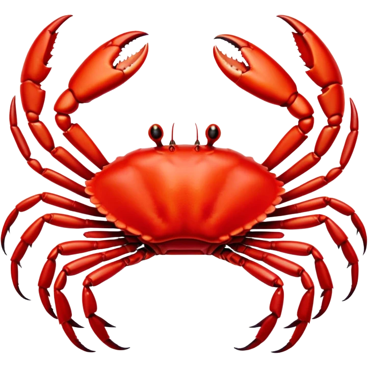 Cinematic Noble Red Crab Portrait Emoji, Poised and commanding, with a sturdy, angular exoskeleton of vivid scarlet red and sharply defined pincers, deep-set, intense eyes on stalks, Simplified yet sharp and sophisticated features, highly detailed, glowing with a soft, oceanic glow, high shine, intelligent and formidable, stylized with an air of coastal authority, focused and alert, soft glowing outline, capturing the essence of a watchful crustacean guardian that appears ready to scuttle out of the screen with determined power! emoji