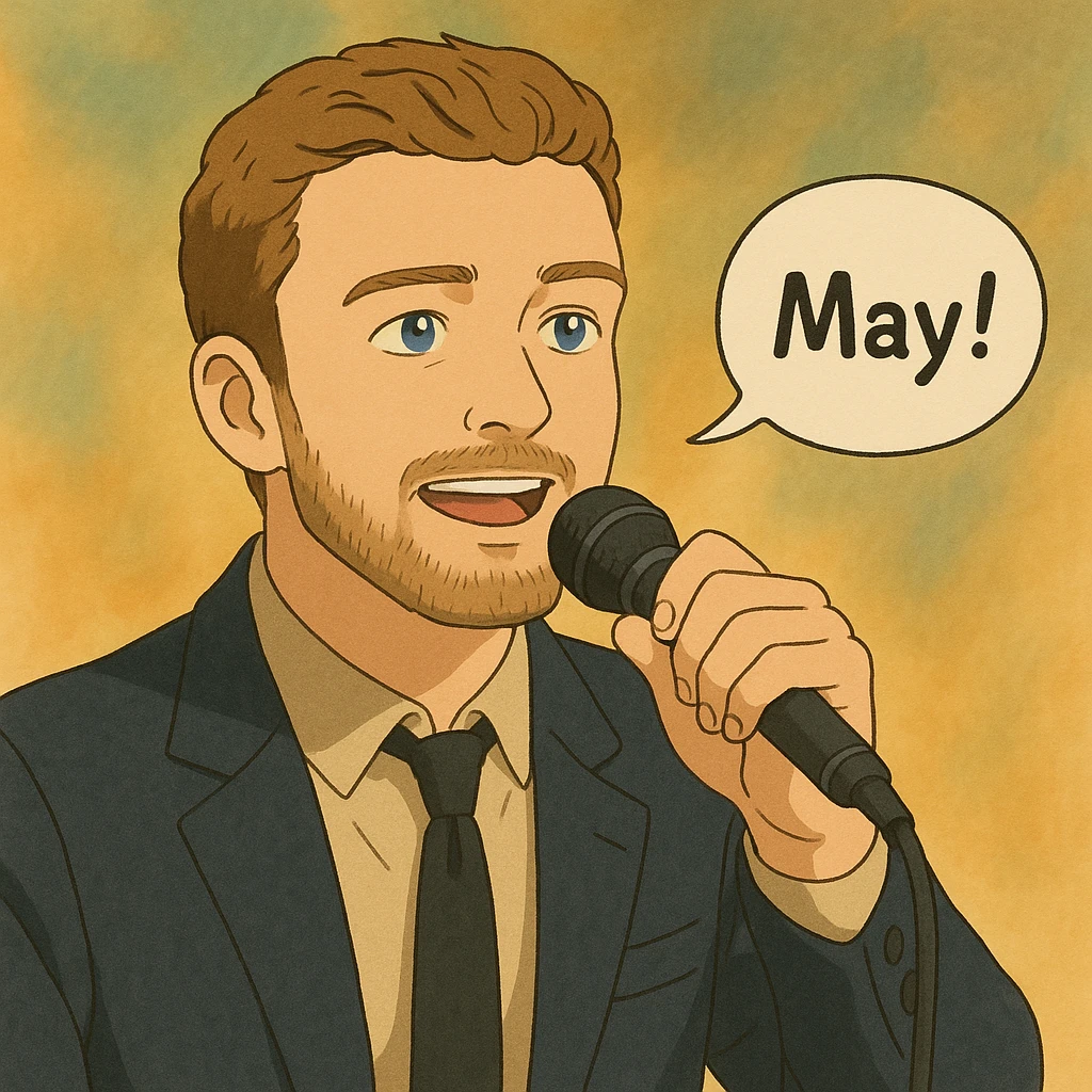 ghibli style Justin Timberlake with microphone, saying 'May!', semi-realistic, soft lighting emoji