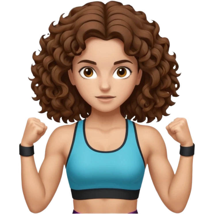 full body, very beautiful italian girl, looking like Emma Watson, with curly and big volume very bright brown hair, workout clothes, flexing muscles

 emoji