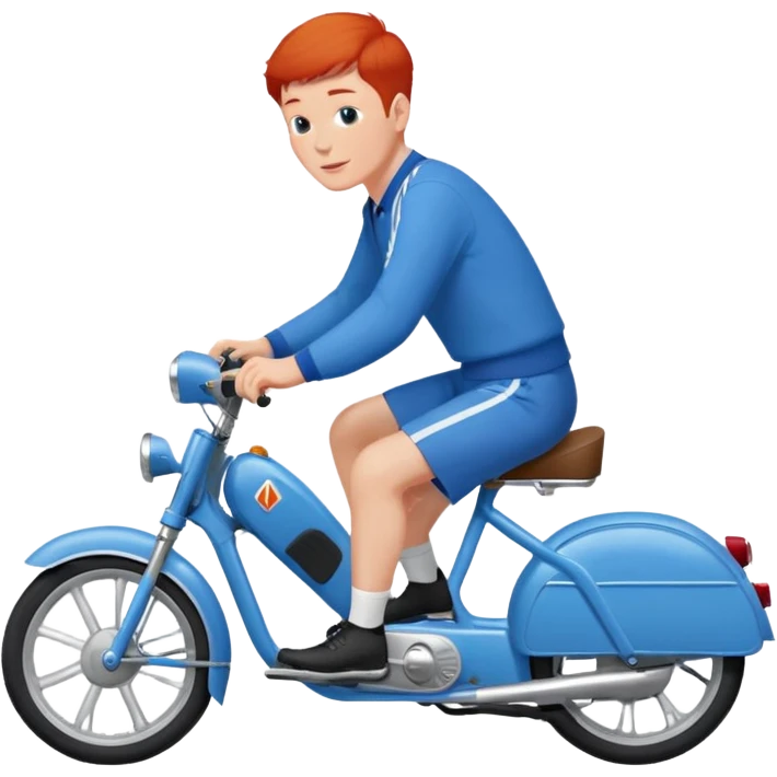 Un Solex 5000 de couleur blanche avec un homme aux guidon, habillé en bleu avec les cheveux courts et roux  emoji