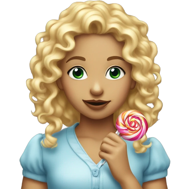girl sucking a lollipop with blonde curly hair and rlly pretty emoji
