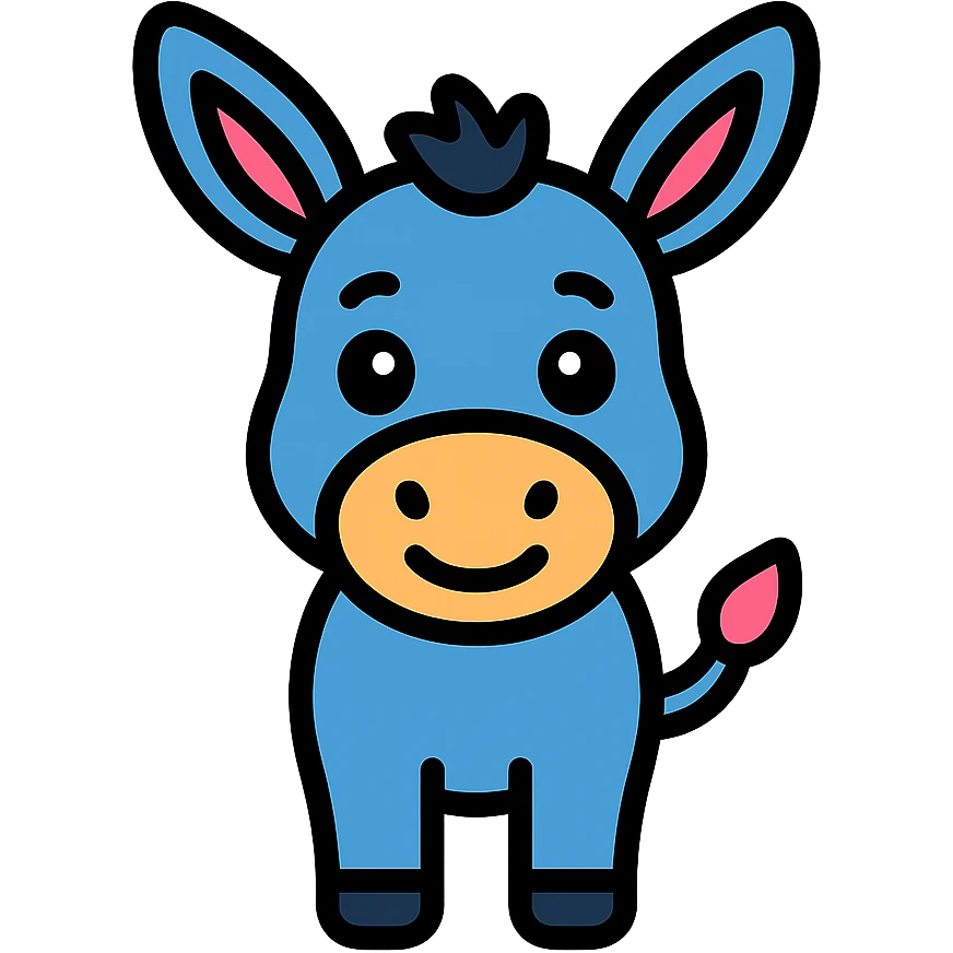 cute blue donkey with big eyes and friendly smile, simple flat design emoji