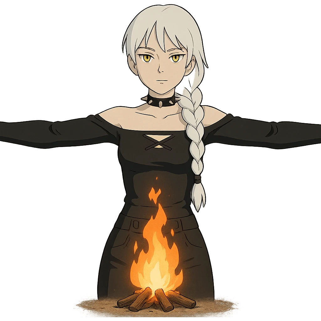  young woman with gold yellow eyes, white hair, long braid, black off-shoulder top, punk gothic style, futuristic cyberwave cyberpunk,, she is calmly t-posing , there is a small bonfire in front of her emoji
