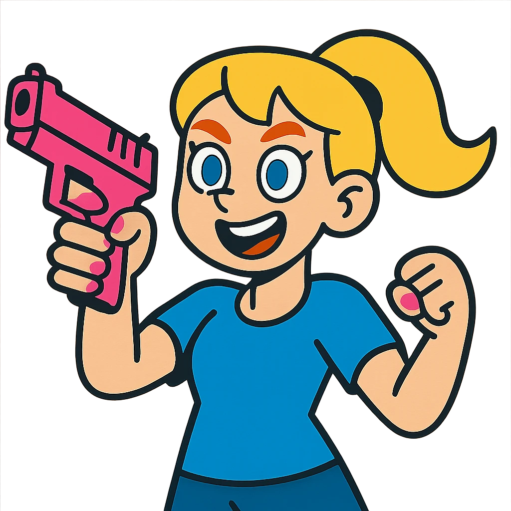 white girl, blue eyes, pink nails, holding a pink gun, cartoonish and energetic emoji