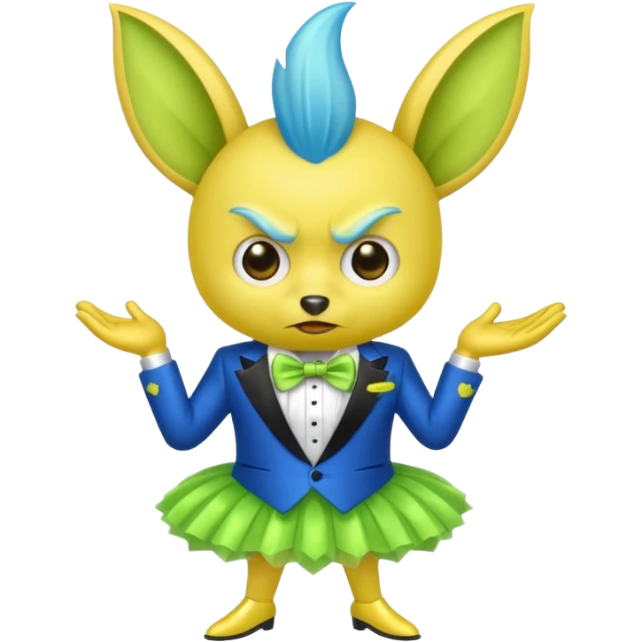 Angry blue banana with ears wearing a sparkly lime green tuxedo and tutu emoji