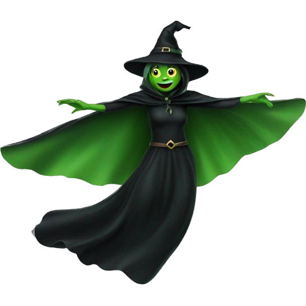 Flying green witch with black cape emoji