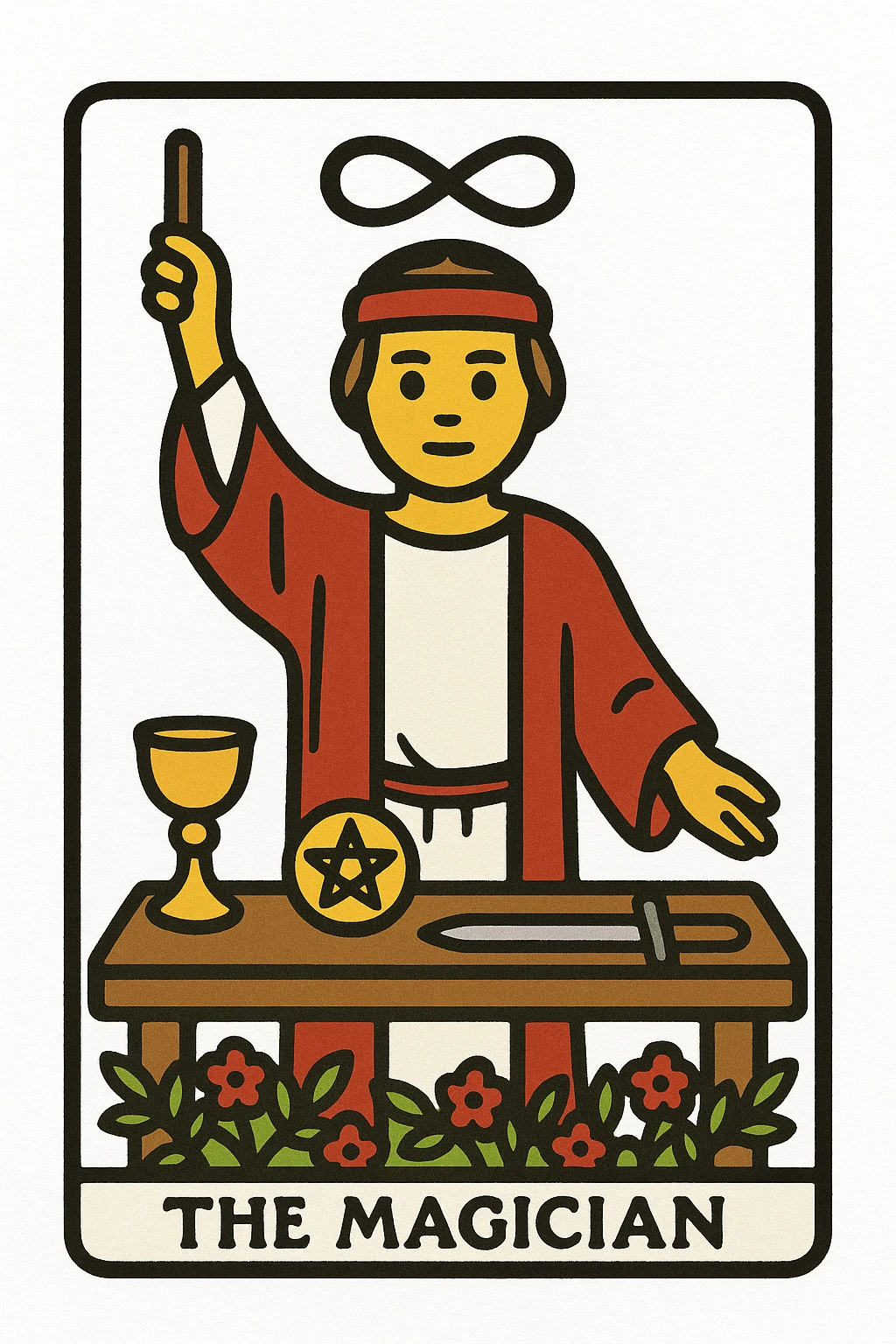 Rider Waite Smith style emoji of The Magician tarot card, mystical figure in red and white robes, classic tarot iconography, compact emoji format, white background emoji