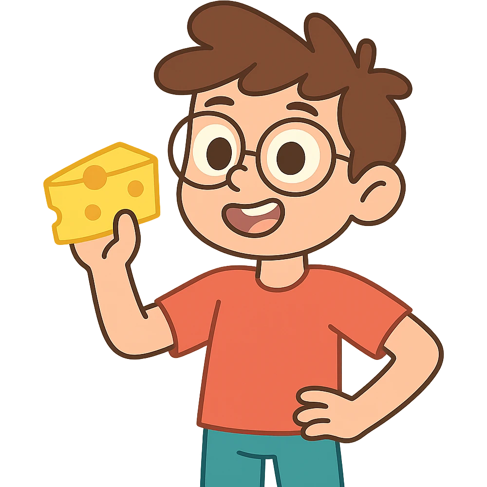 cartoon boy with brown hair, brown eyes, glasses, holding a piece of cheese, pastel toon style emoji