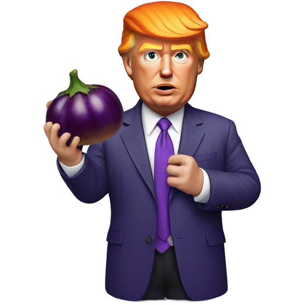 Realistic Donald trump with bright orange hair eating long, skinny purple ￼eggplant emoji