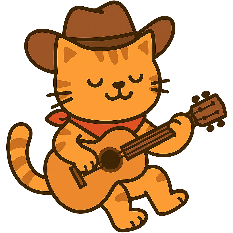 flat toon orange cowboy cat strumming an acoustic guitar  emoji