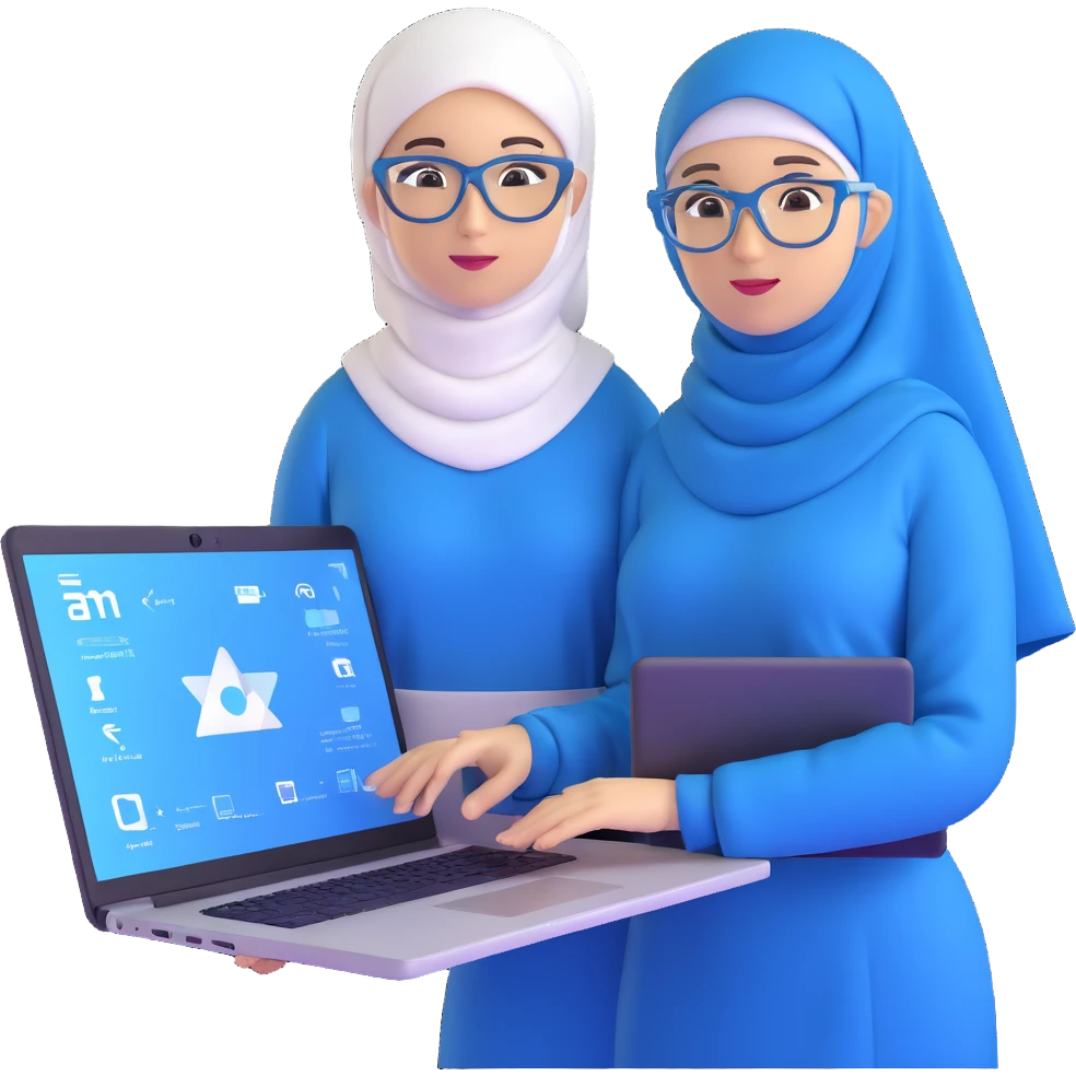 computer engineer with white hijab wearing blue outfit, presenting her metaverse creation with a large digital screen behind her displaying virtual worlds and code, laptop open in front of her showing programming interface, AR glasses, professional stance emoji